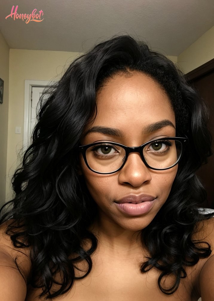 This image is a close-up of a person's face and upper body, taken indoors. The person is wearing black-framed glasses and has a neutral expression. The individual has dark, wavy h…