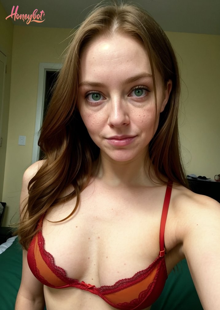 A woman with long brown hair and green eyes is wearing a red lace bra. Her face is visible, showing freckles and a neutral expression. Her upper body is visible, including her che…