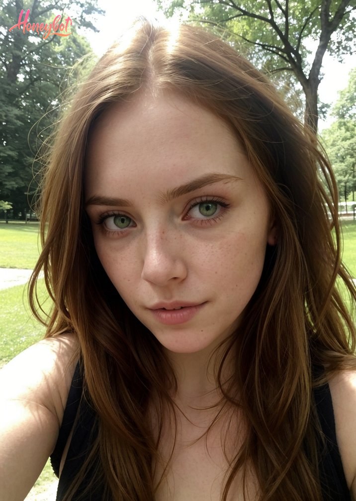 A young woman with long brown hair, freckles, and green eyes looks directly at the camera. She has a neutral facial expression with her lips slightly parted. She is wearing a blac…